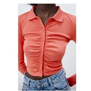 Zara Coral Button-Up Ruched Large Size Women Top